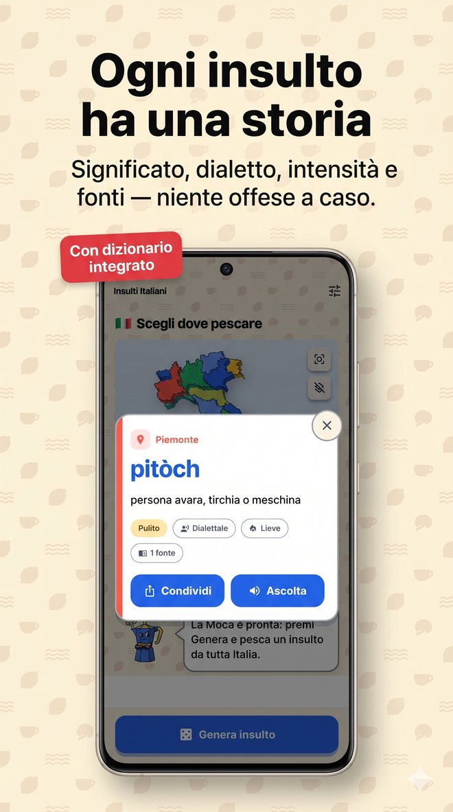 Scheda insulto con significato e pulsanti ascolta e condividi