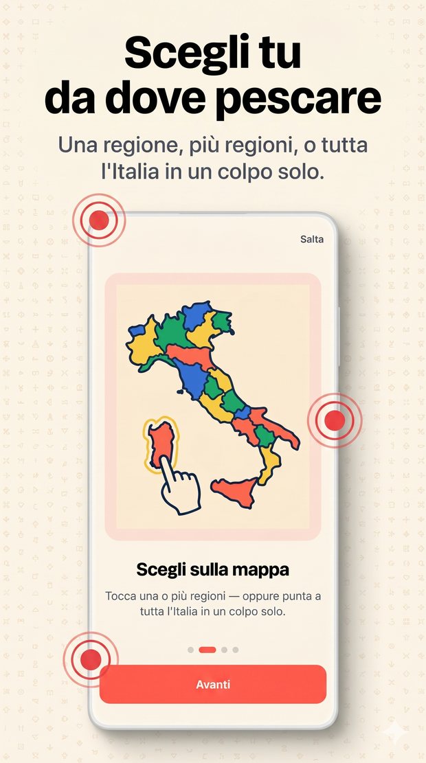 Onboarding dell'app con scelta delle regioni sulla mappa